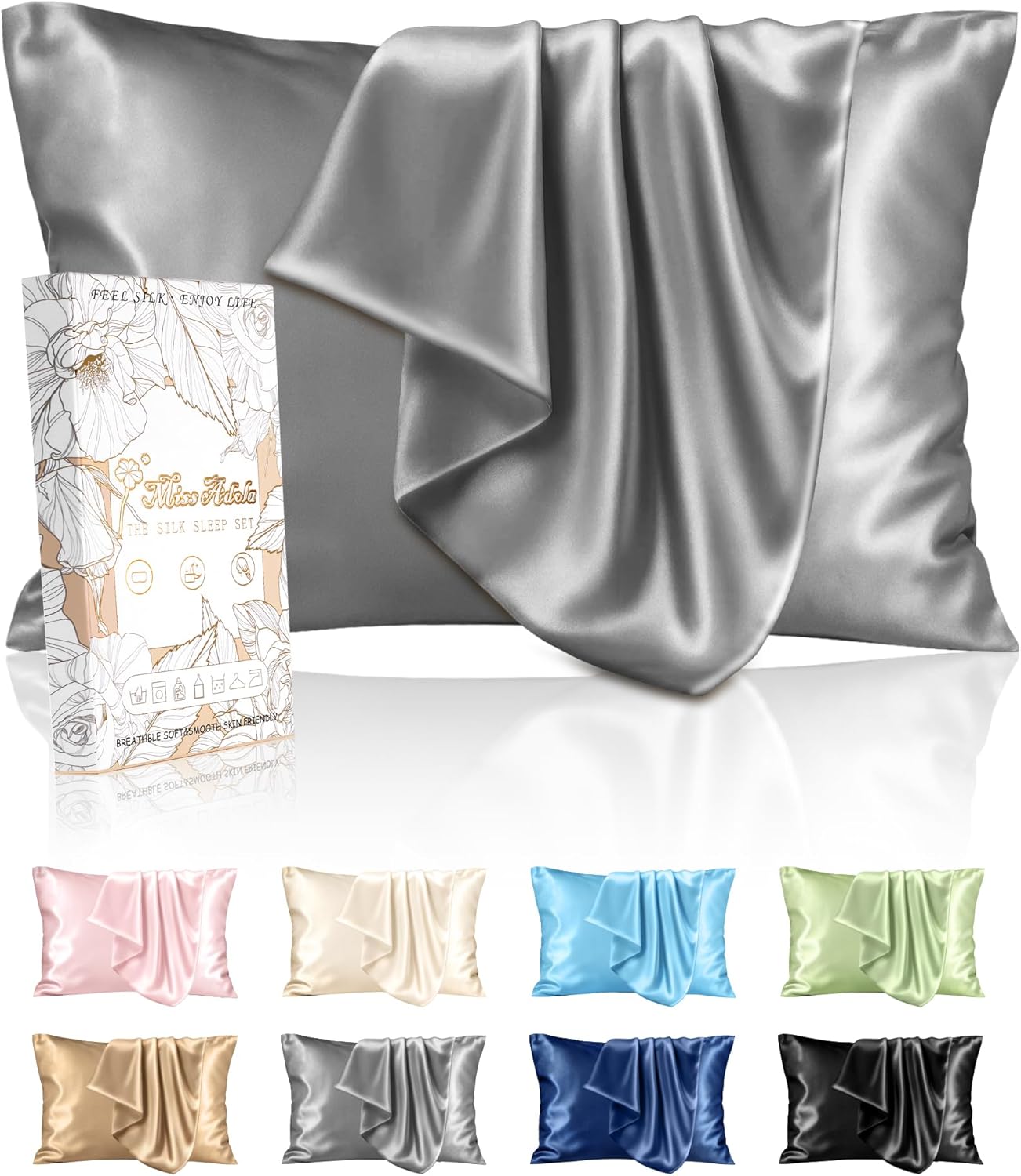 Silk Pillowcase 2 Pack - Pillow Cases Standard Set of 2 Size 20" x 26" for Hair and Skin Smooth Soft Breathable with Hidden Zipper Cooling Pillow Covers for Women, Light Grey