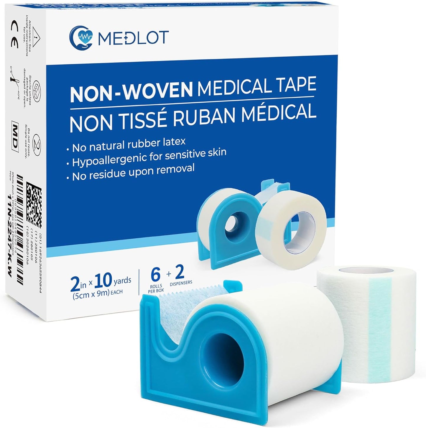 LotFancy Medical Tape, 6Rolls 2inch x 10Yards, Adhesive Hypoallergenic Surgical Paper Tapes, Wound First Aid Tape, 2 Dispensers Included