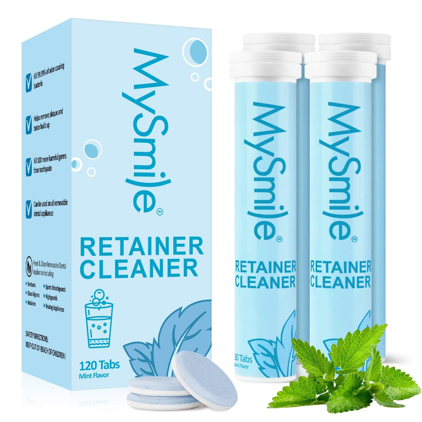 MySmile Retainer Cleaner with 120 Denture Cleaning Tablets, Quickly Remove Odors, Discoloration Stains & Plaque from Aligner, Mouth Guard, Night Guard and More Dental Appliances (Mint Flavor)
