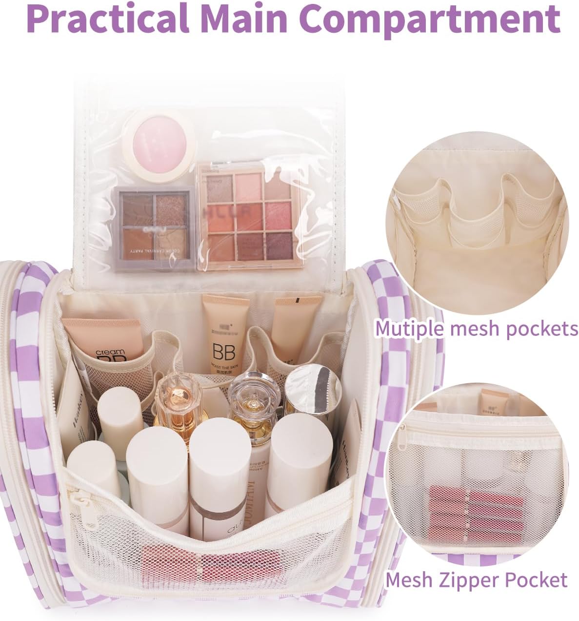 Narwey Checked Hanging Travel Toiletry Bag for Women, Travel Bag for Toiletries, Makeup Bag Organizer Cosmetic Bags Make Up Bags for Women (Purple Checkerboard)