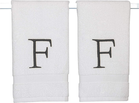 Dark Gray Monogrammed Hand Towel for Bathroom - Initial Hotel Quality Decorative Embroidered Luxury Towel for Powder Room, Spa - GOTS Organic Certified - Pack of 2, Letter F