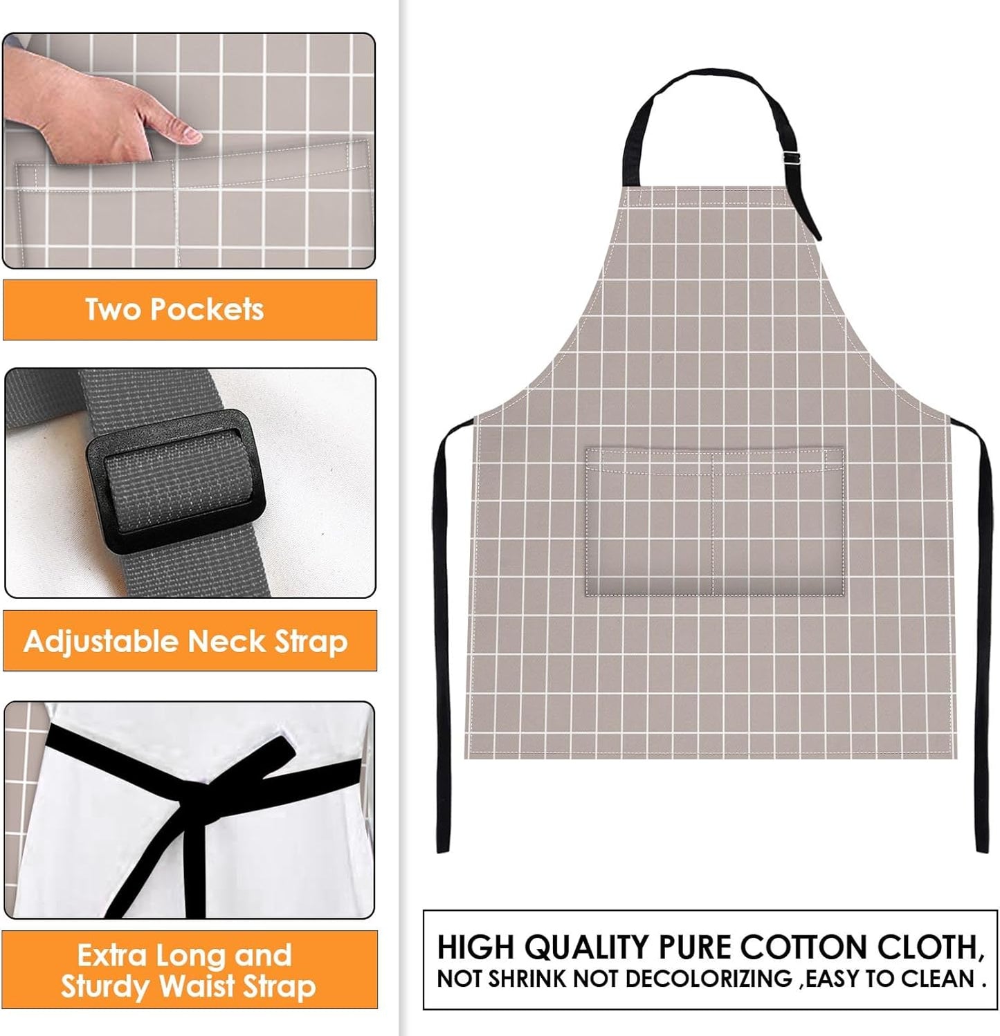 Britimes 2 Pack Aprons, Plaid Check Grid Taupe Adjustable Bib Aprons with 2 Pockets for Women Men Couple Lovers Chef Home Kitchen Cooking Baking Gardening Tan Black Apron 32x28 Inches
