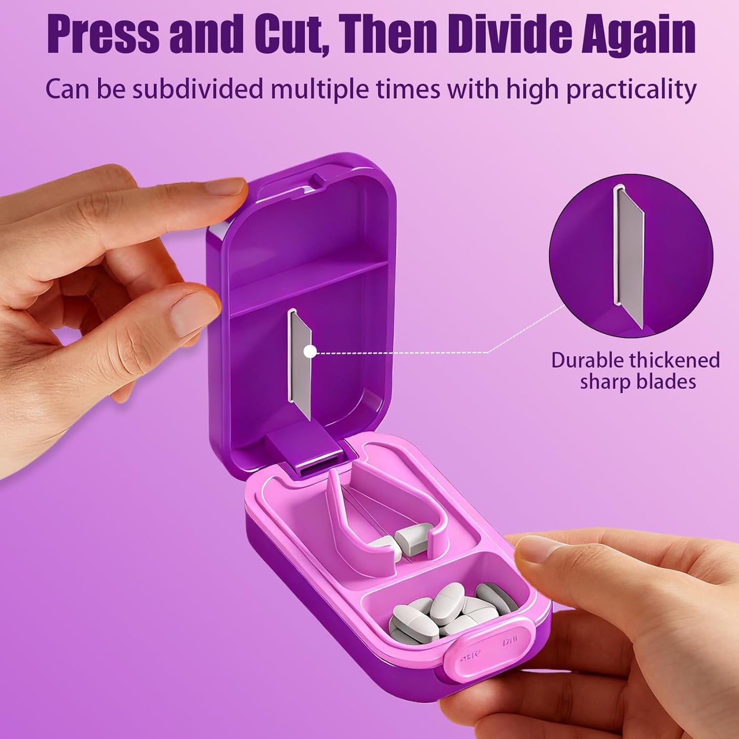 Pill Cutter Splitter for Small or Large Pills with Safety Lock - Accurate and Easy Travel-Friendly Design for Daily Use (Purple)