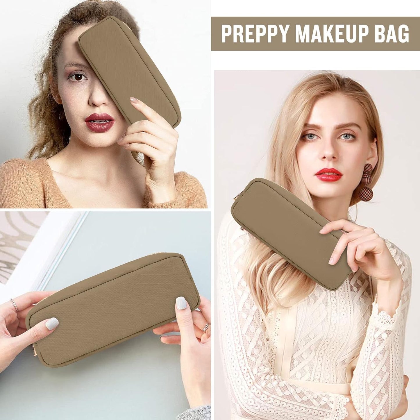 IZUZTA Nylon Slim Makeup Bag, Preppy Cute Makeup Brush Case Bag, Waterproof Travel Toiletry Bag Clutch Coin Pouch Make Up Organizer for Women Girls (Khaki)