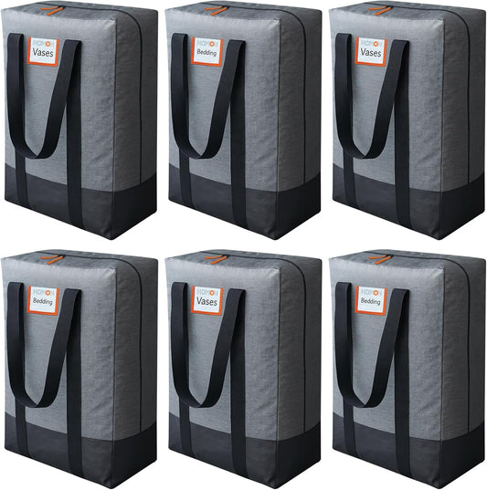 6 Pack Large Moving Bags, Storage Bag with Zipper, Heavy Duty Packing Bags with Internal Compression Straps, Wrap Around Handles, Alternative to Moving Boxes, Grey and Black