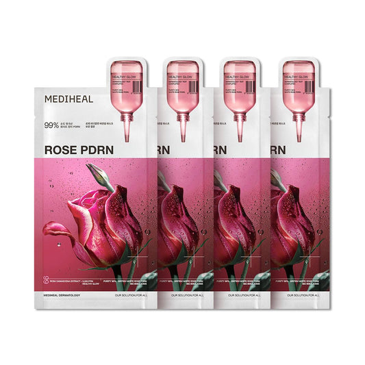 Mediheal Rose PDRN Essential Sheet Mask 4 pcs. 99% Pure White Rose PDRN & Hyaluronic Acid for hydrating, firming, and enhancing moisture barrier, skin firmness, and glow. Vegan formula