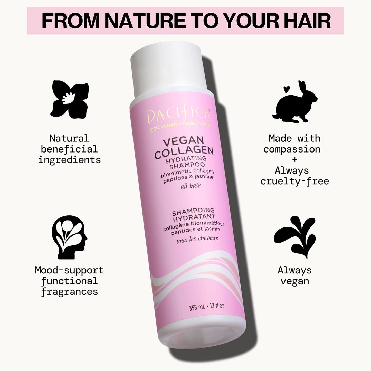 Pacifica Vegan Collagen Hydrating Shampoo & Conditioner Set – Moisturizing Hair Care for Dry Brittle Hair, Biotin & Avocado Oil for Strength & Shine, Thickening Clean Vegan Dermatologist Tested, 12 oz