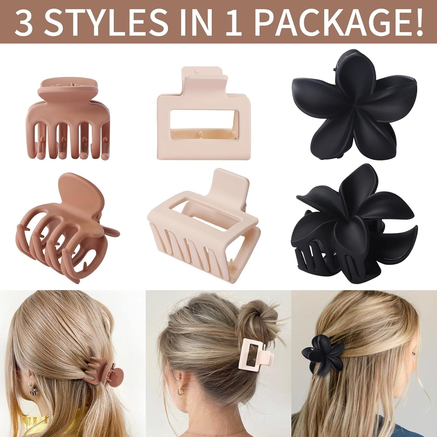 3 Styles Medium Hair Clips for Women 9 Pcs Small Claw Clips for Thin Hair Flower Hair Clips for Thick Hair Square Hair Claw Clips for Girls Hawaiian Plumeria Hair Accessories for Women (Brown)