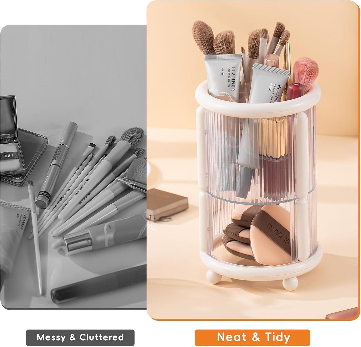 Makeup Brush Holder, 2 Tier Clear Cosmetic Tools Organizer, Round Makeup Organizer for Vanity Countertop (Milky White)