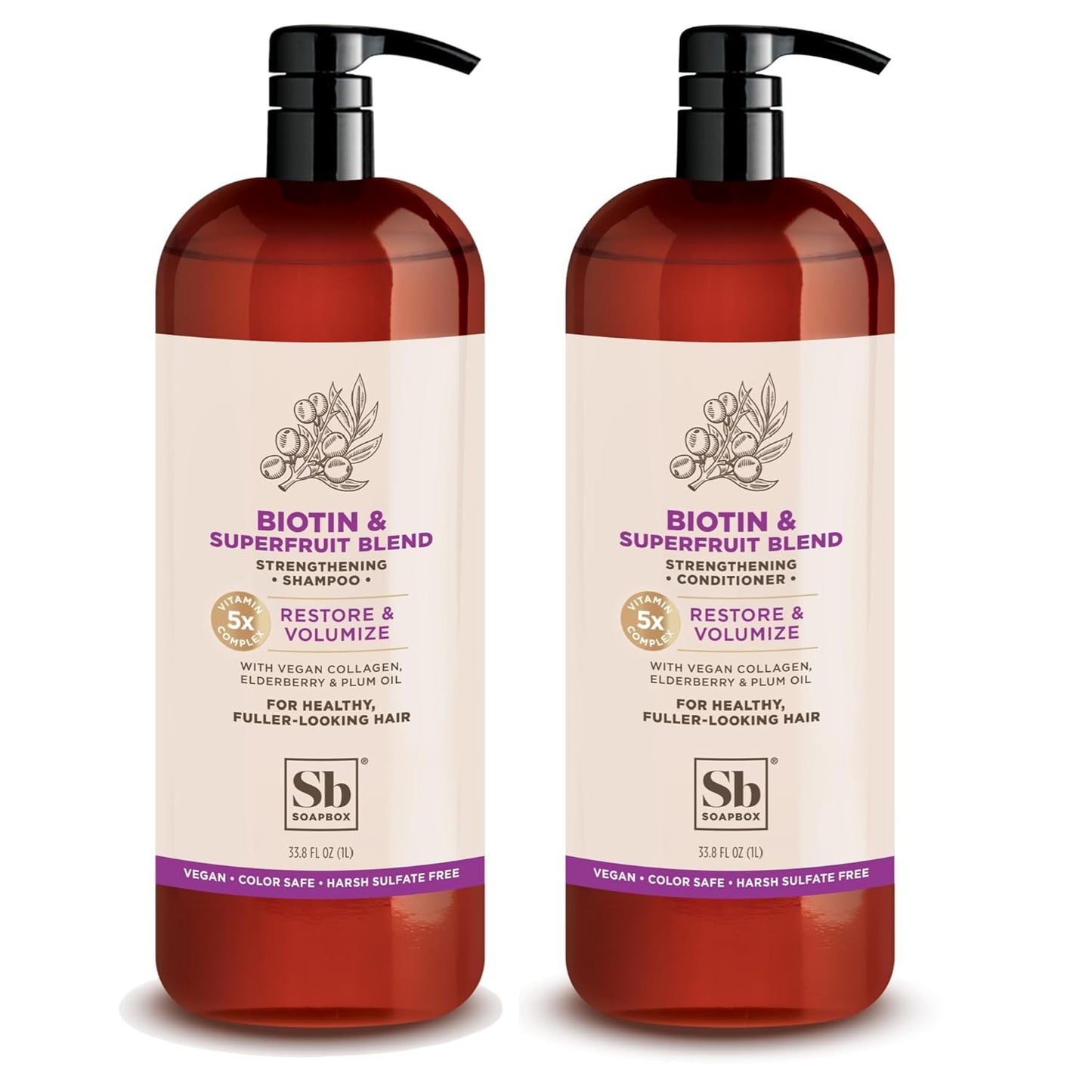 Soapbox Biotin & Superfruit Shampoo & Conditioner Set with Vegan Collagen, Aloe and Shea Butter, Harsh Sulfate Free, Paraben & Silicone Free, 1 Liter Each (Pack of 2)