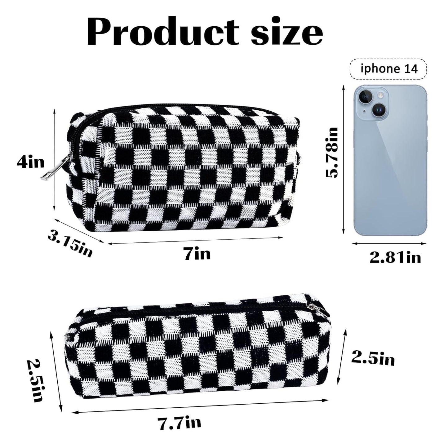 2Pcs Checkered Pencil Case Cute Pencil Pouch for Teens Checkered Makeup Bag Travel Cosmetic Bag Set Cute Makeup Pouch for Purse Portable Zippered Skincare Bags Preppy Toiletry Bags Organizer(Black)