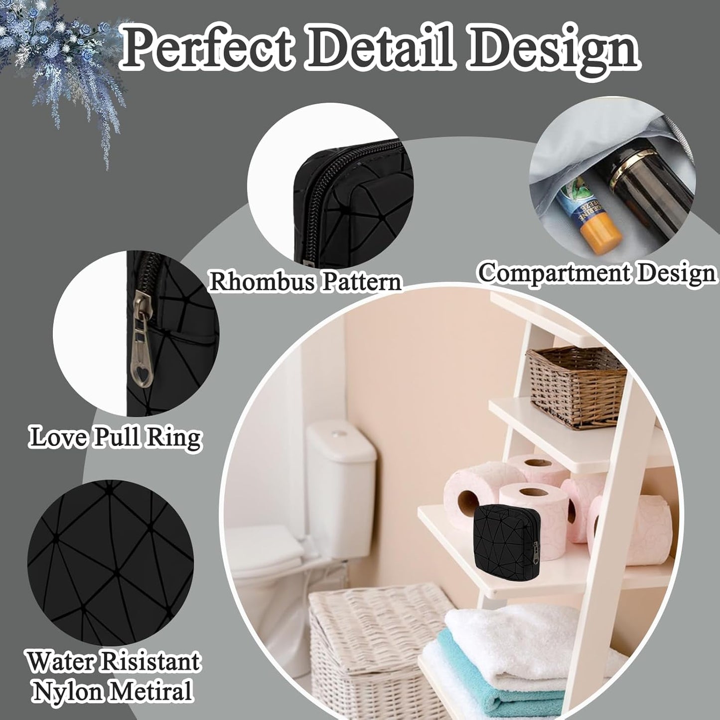 Sanitary Napkin Storage Bags Set, Portable Period Bag for Teen Girls Small Make up Bag for Purse, Portable Menstrual Pad Pouch (Large & Small Black)