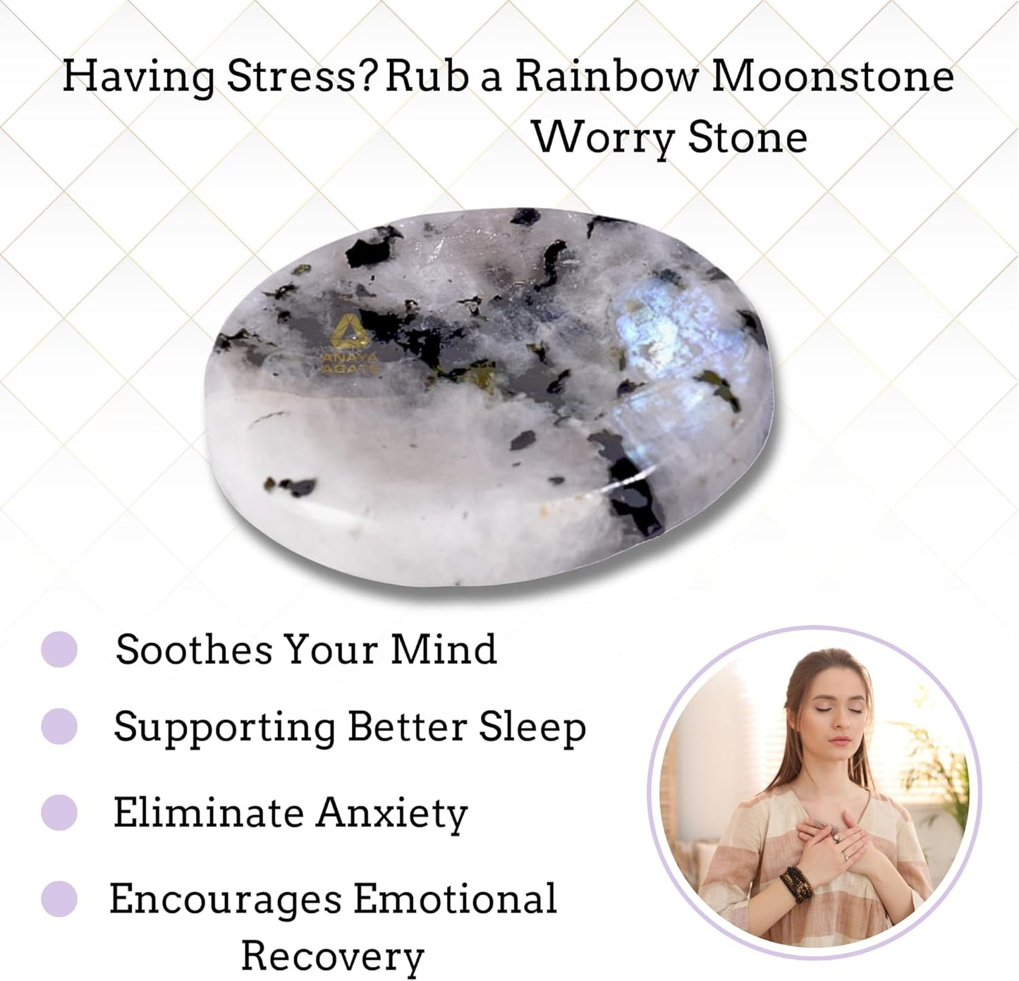 Rainbow Moonstone Worry Stones – Crystal Thumb Worry Stone for Anguish, Stress – Relaxing and Soothing Balance Stones for Meditation, Stress Relief – Healing Stones and Crystals for Men and Women