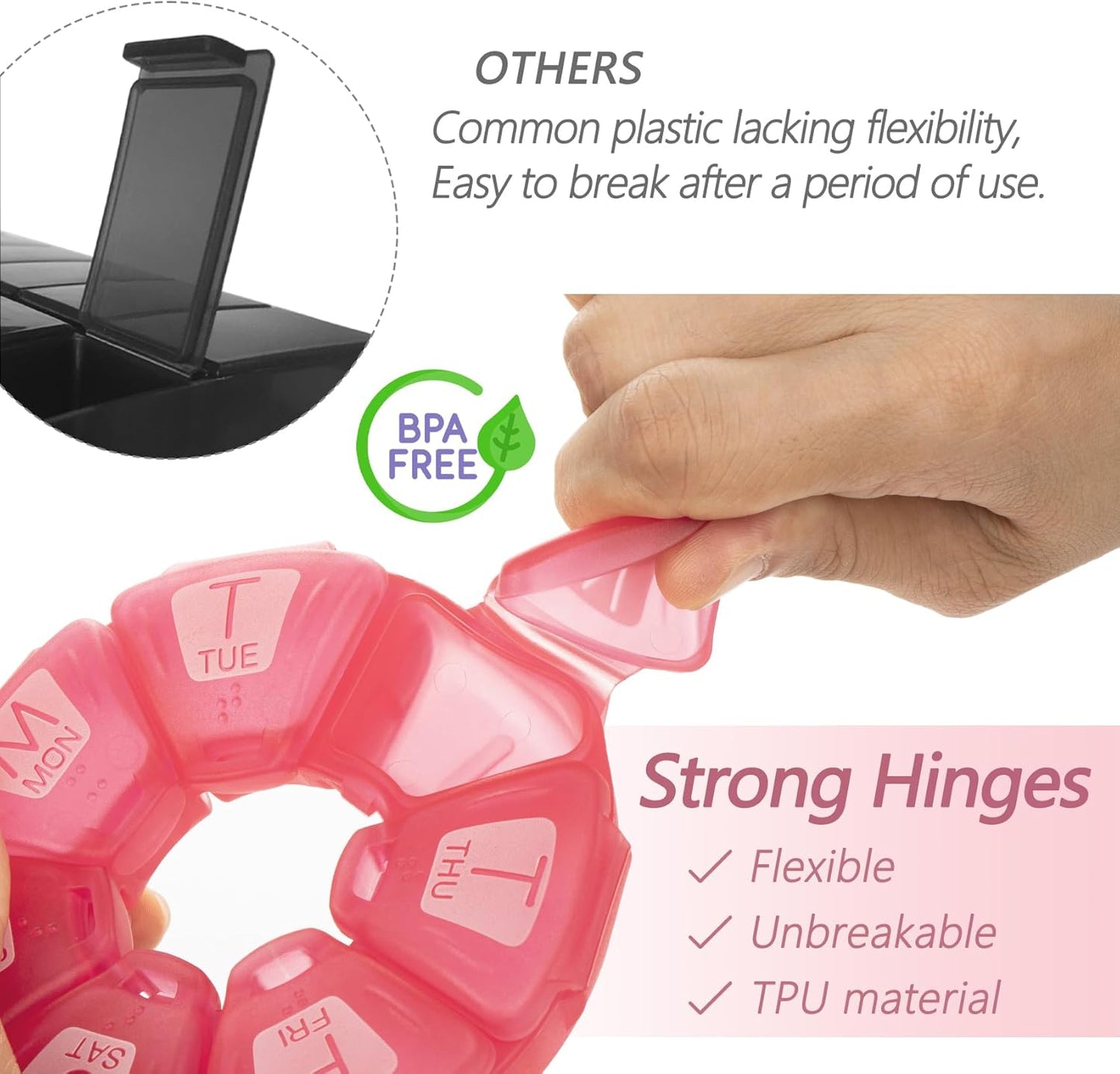 Round Weekly Pill Organizer, TPU Rubberized, Travel Pill Container 7 Day, with 7 Large Compartments, Great for Daily Vitamins & Supplements, Cute Pill Case with Large Letters and Braille (Rose)