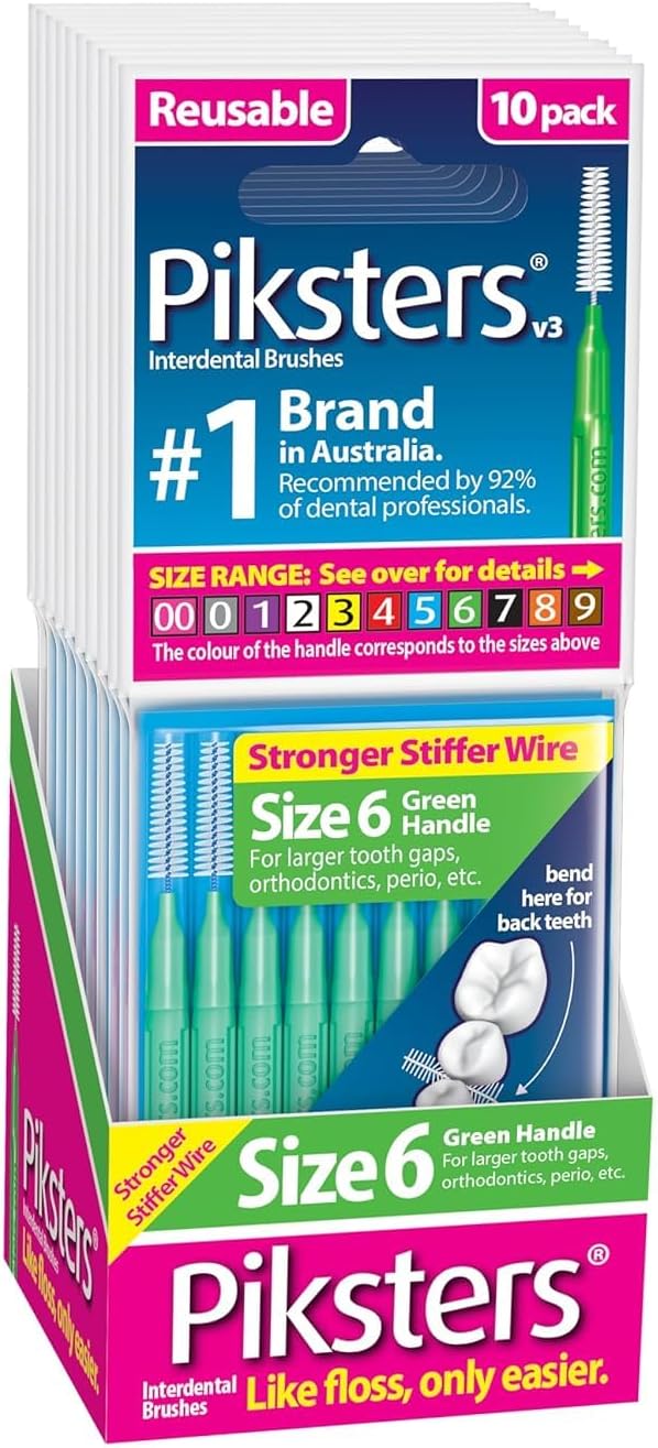 Piksters Interdental Brushes, Size 6, 100 Count (10 x 10 Packs), Interdental Tooth Brush for Larger Gaps, Gum Soft Bristles for Plaque Removal, Safe for Braces (100pk)