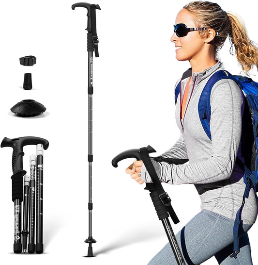Telescopic Walking Cane 43 Inch with Anti-Shock & T-Grip Handle - 7075 Aluminum Quick Lock Trekking Pole, Ultralight for Hiking, Camping, Mountaineering