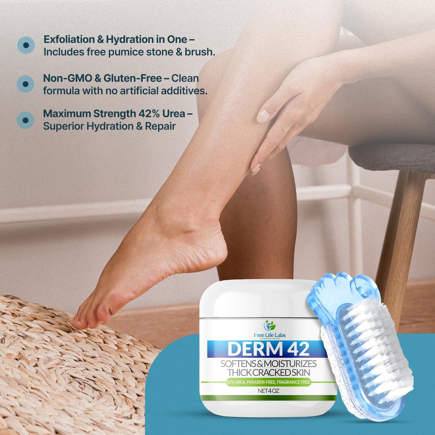 Urea Cream for Feet - Maximum Strength 42% Foot Cream for Calluses and Dry Feet - Free Pumice Stone and Brush - Shea and Mango Butters-Paraben Free-Fragrance Free- 4oz.