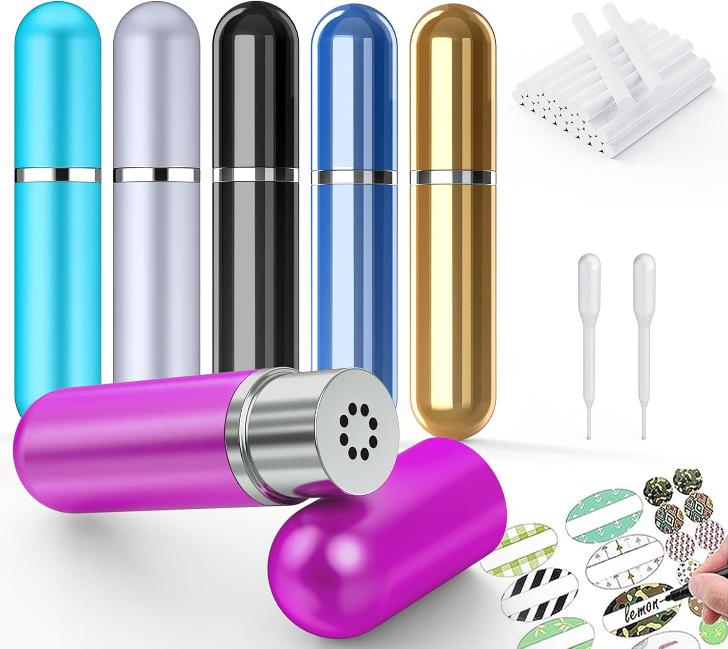 6 Pack Aromatherapy Nasal Inhaler Tubes for Essential Oils, Portable Reusable Blank Aluminum Nasal Inhalers with 2 Mini droppers 24 Cotton Wicks and 24 Writable Stickers