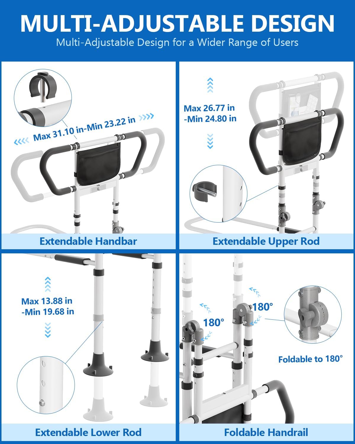 Bed Rails for Elderly Adults Seniors Adjustable Height Foldable Safety Rail with 400 Lbs Capacity Non-Slip Handle, Night Light, Fall Prevention Grab Bar for King Queen Full Twin Beds White