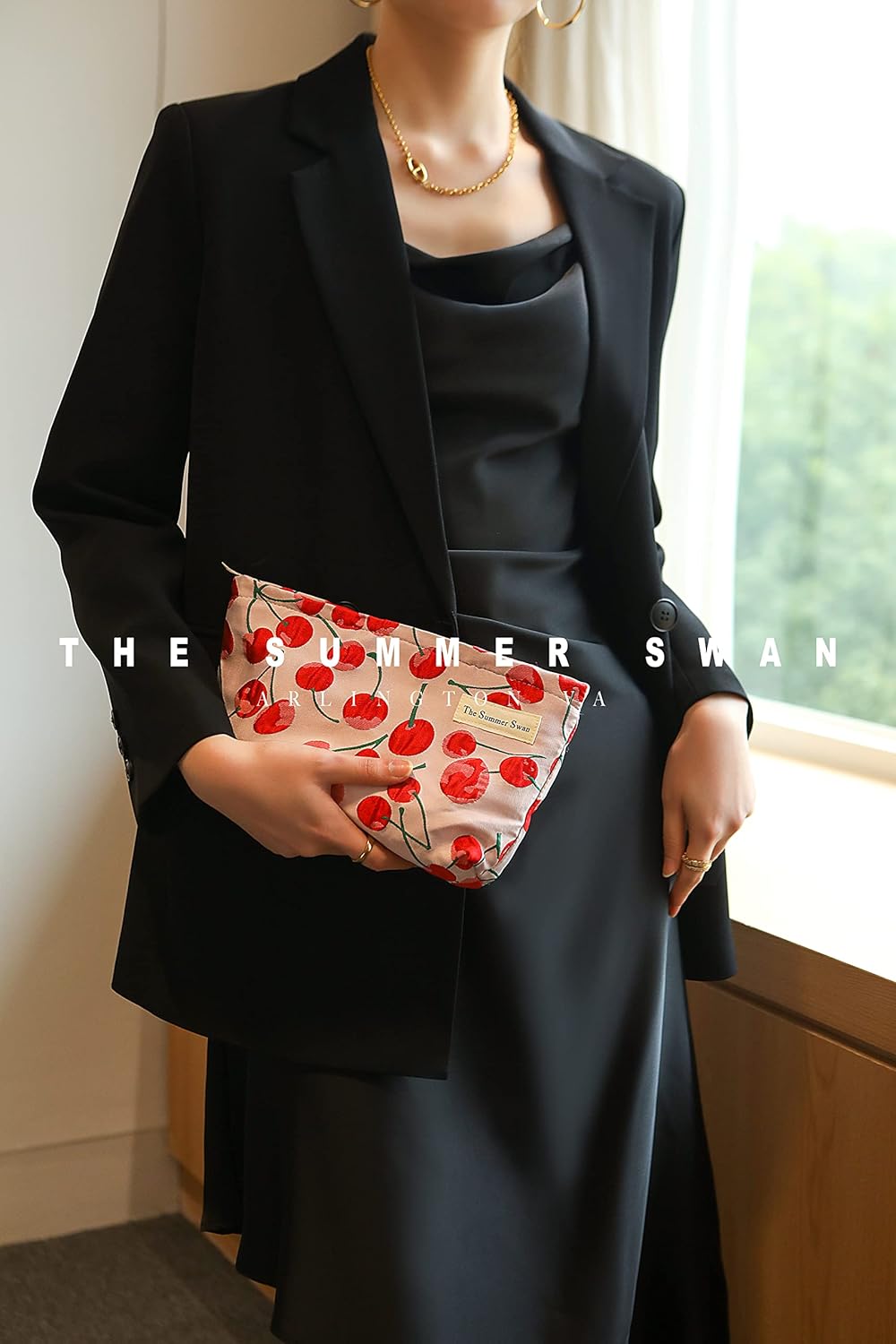 The Summer Swan | Large Aesthetic Makeup Bag | Preppy Skincare Organizer | Floral Mid-day Clutch | Period Kit Hygiene Bag (Classic Red Cherry)