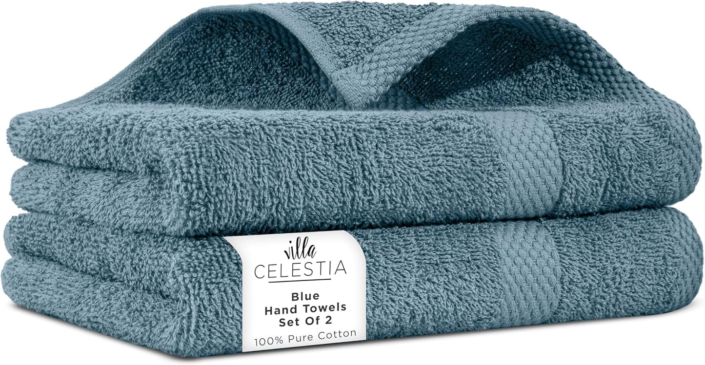 100% Cotton Hand Towel Set of 2, (16 x 28 inches) Sustainable, Soft, Highly Absorbent, Quick Drying, Combed Cotton Hand Towels Pack of 2 Ideal for Hotels, Spa, Bathroom, Dorm, Blue