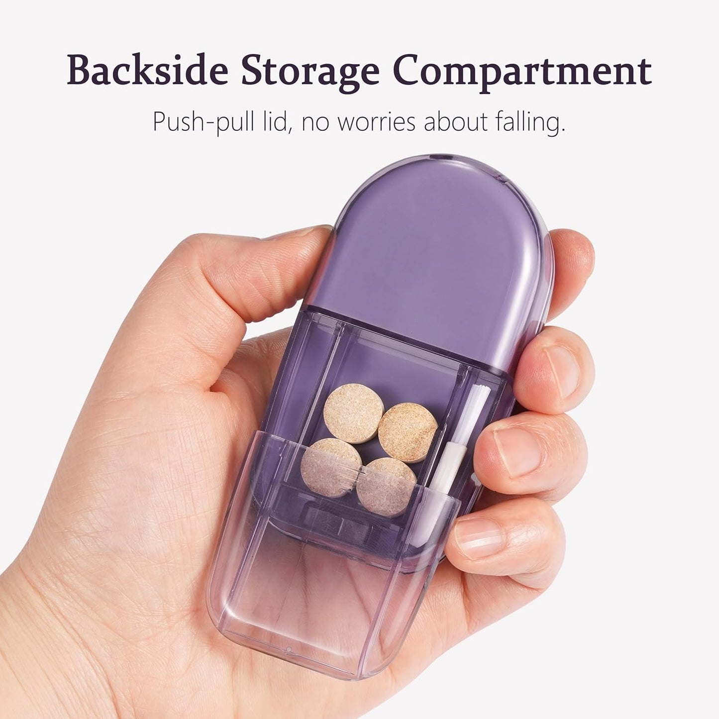 Pill Cutter Splitter for Small and Tiny Pills, or Large Pills. V-Shaped Design for Multiple Sizes. Safety Blade Guard. Loss-Proof Built-in Small Brush & Sliding Door Pill Storage (Rouge)