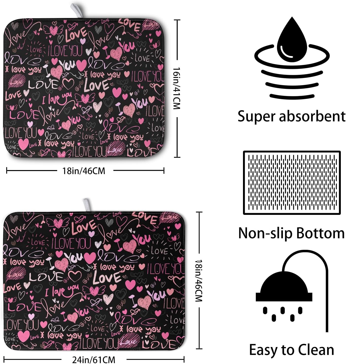 Mother's Day Dish Drying Mat for Kitchen Counter Love Heart Black Drying Mats Absorbent Reversible Microfiber Dish Pad Washable Dish Draining Mat Extra Large 16x18 inch