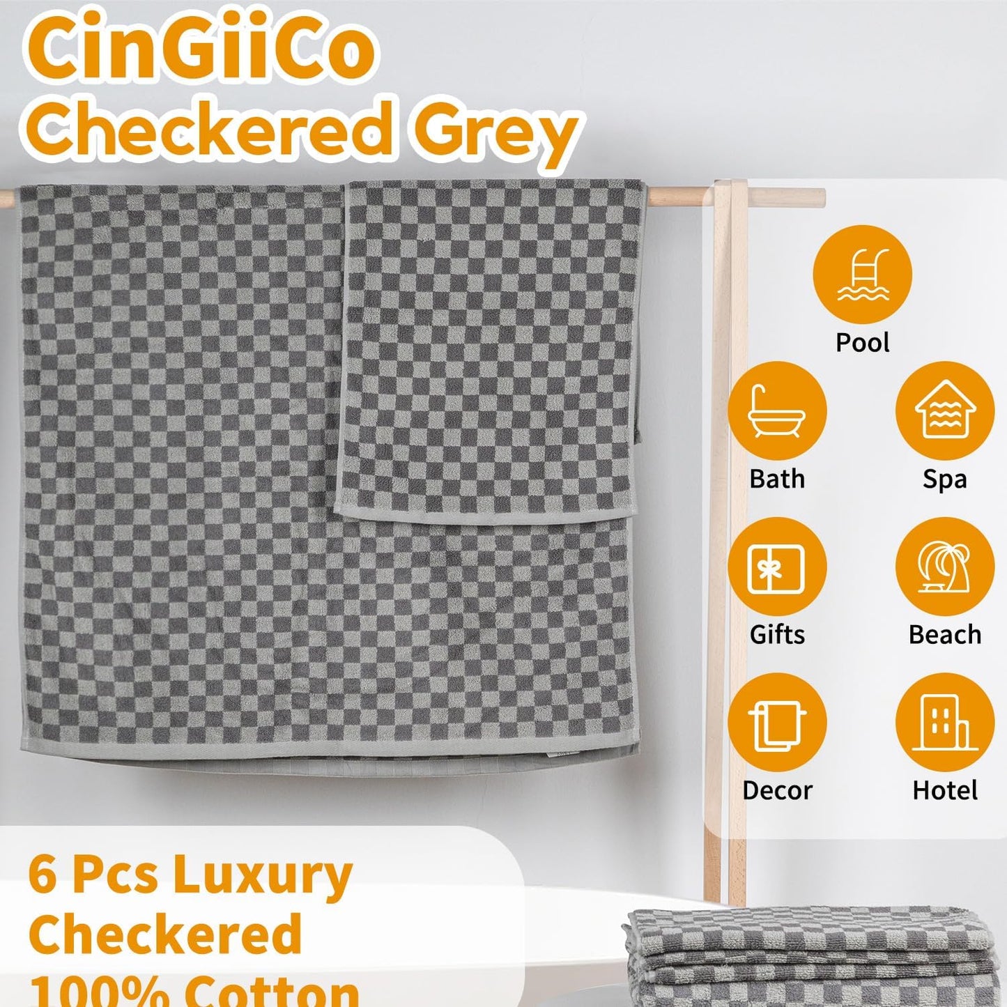 Checkered Bath Towels Set of 6 Large, 520GSM, 100% Cotton Shower Towels * 2 (55.12"*27.56"), Hand Towels * 4 (29.52"*13.77"),Towels for Bathroom、Pool、Hotel, Spa, Soft Absorbent（Grey）