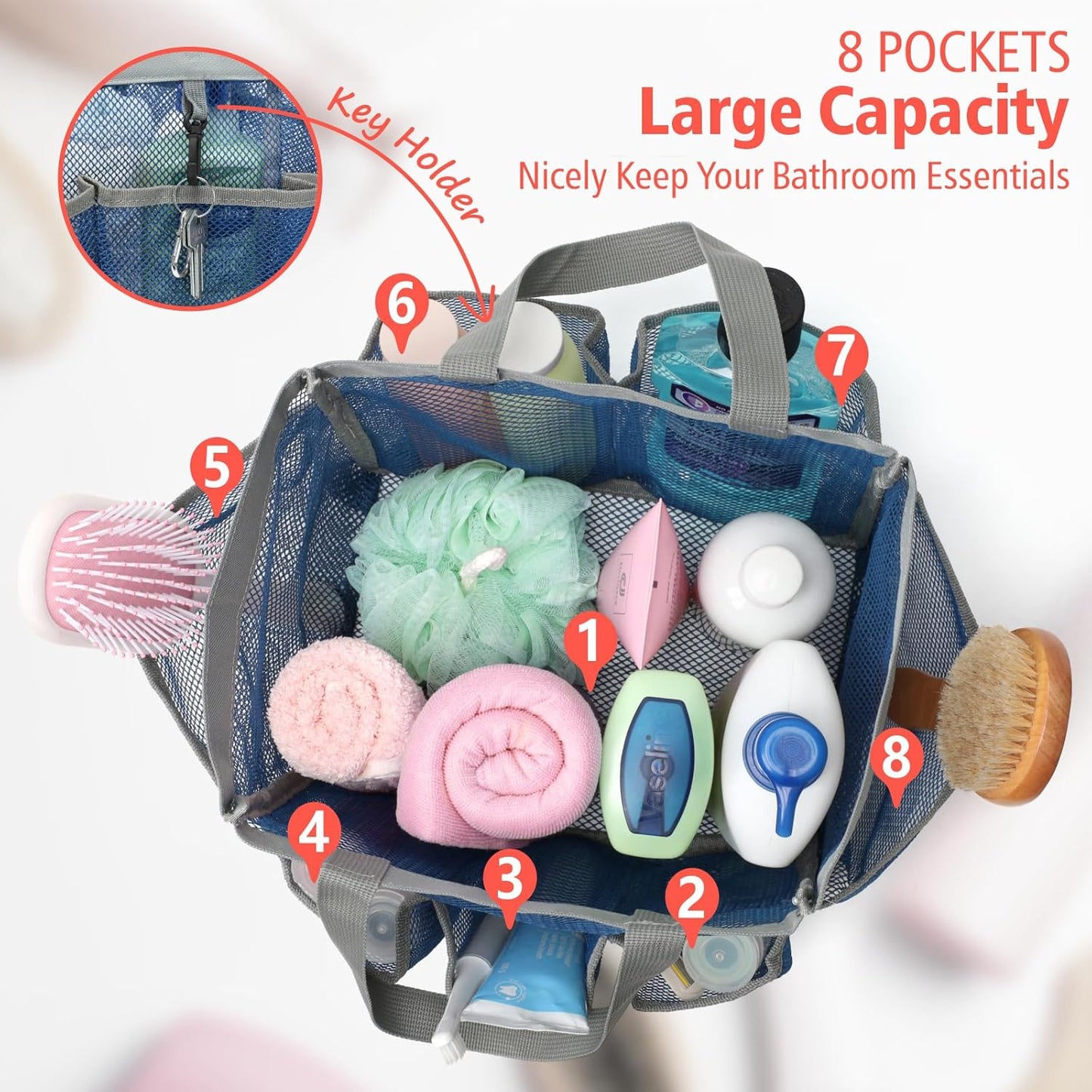 F-color Mesh Shower Caddy Portable - Navy Blue, Upgrade Deeper 7 Pockets Shower Bag Basket Tote for College Dorm Room Toiletry Bathroom Essentials Gym Camp Quick Dry 2 handles with S Hook