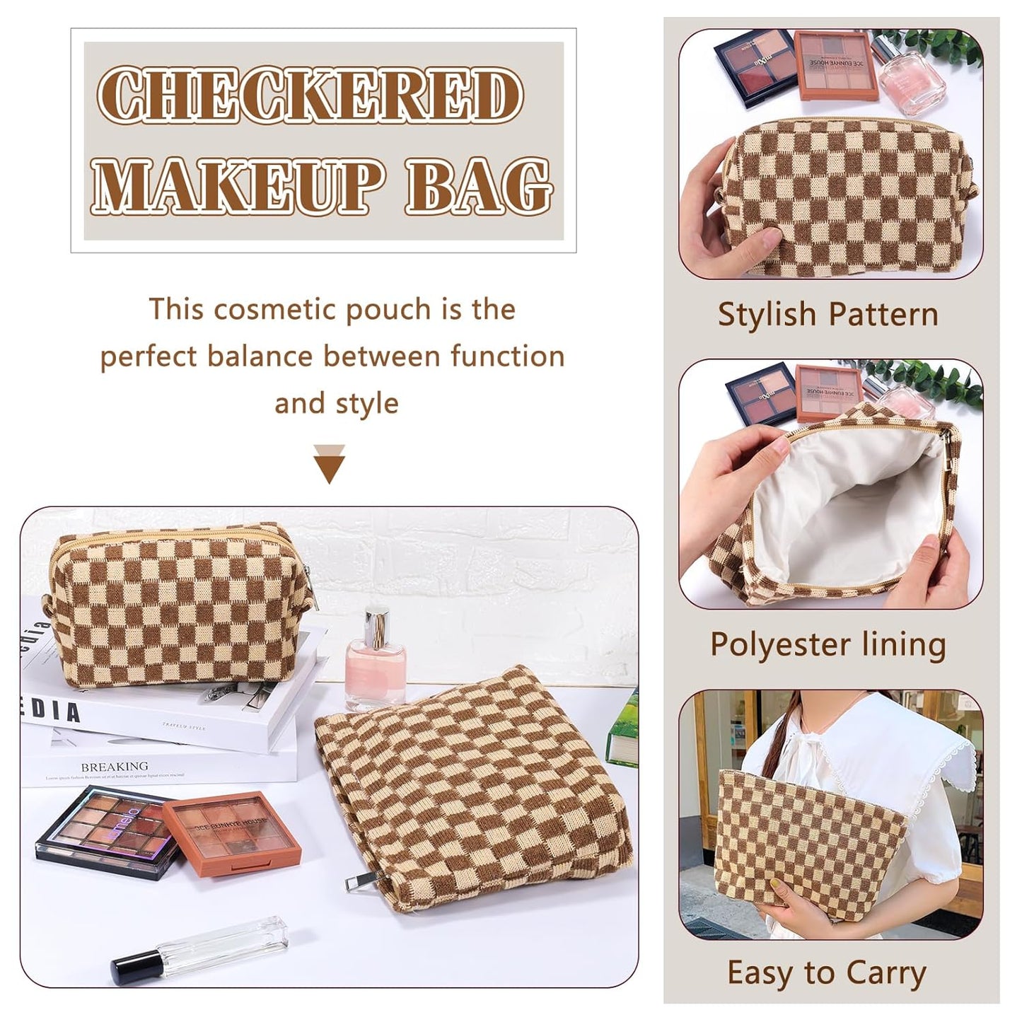 ZLFSRQ 2Pcs Checkered Makeup Bag for Women Large Small Checkered Cosmetic Bag Set Aesthetic Preppy Pencil Case Cute Pencil Pouch Brown Makeup Pouch for Purse Travel Toiletry Bags Zipper Skincare Bags