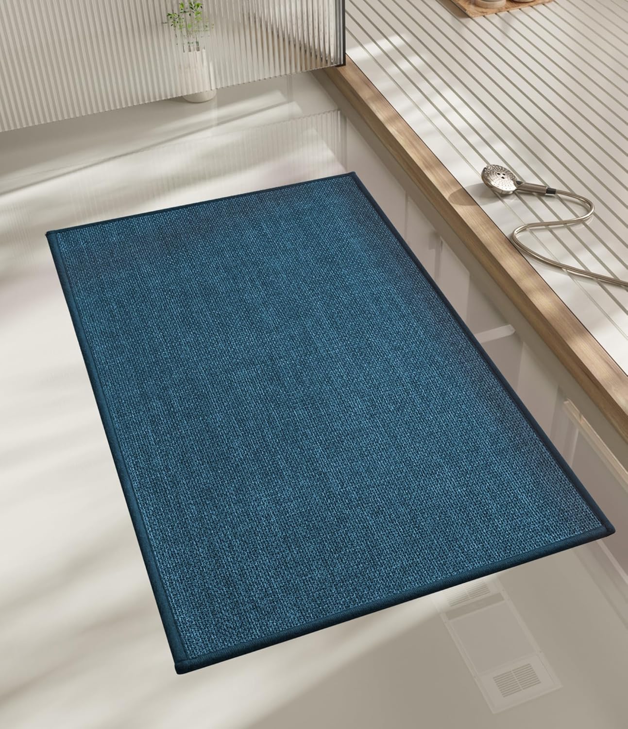 chakme Bathroom Rugs Mat 32x17, Ultra Thin Non Slip Bath Mat Quick Dry Absorbent Bath Mat for Bathroom Floor, (Dark Blue, 32"x17")