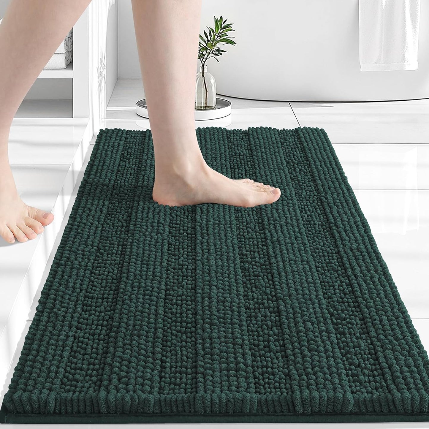 Grandaily Chenille Striped Bathroom Rugs 30x20, Extra Thick and Absorbent Bath Mats, Non-Slip Soft Plush Shaggy Shower Carpet, Machine Wash Dry, Bath Rug for Bathroom, (Medium, Blackish Green)