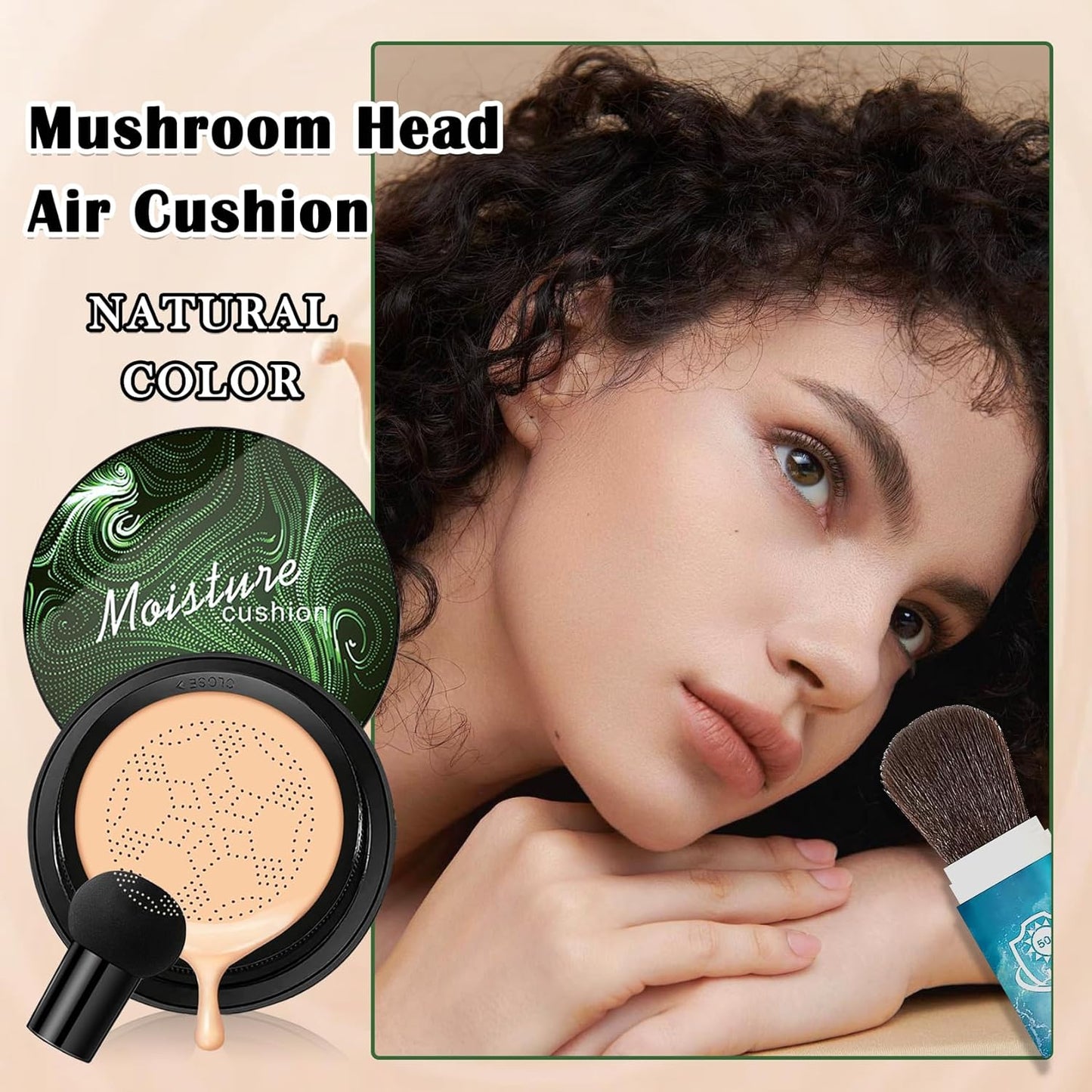 Natural Mushroom Head Air Cushion CC Cream & Loose Setting Face Powder Set,3-Color Concealer Palette with Makeup Sponge & Makeup Brush