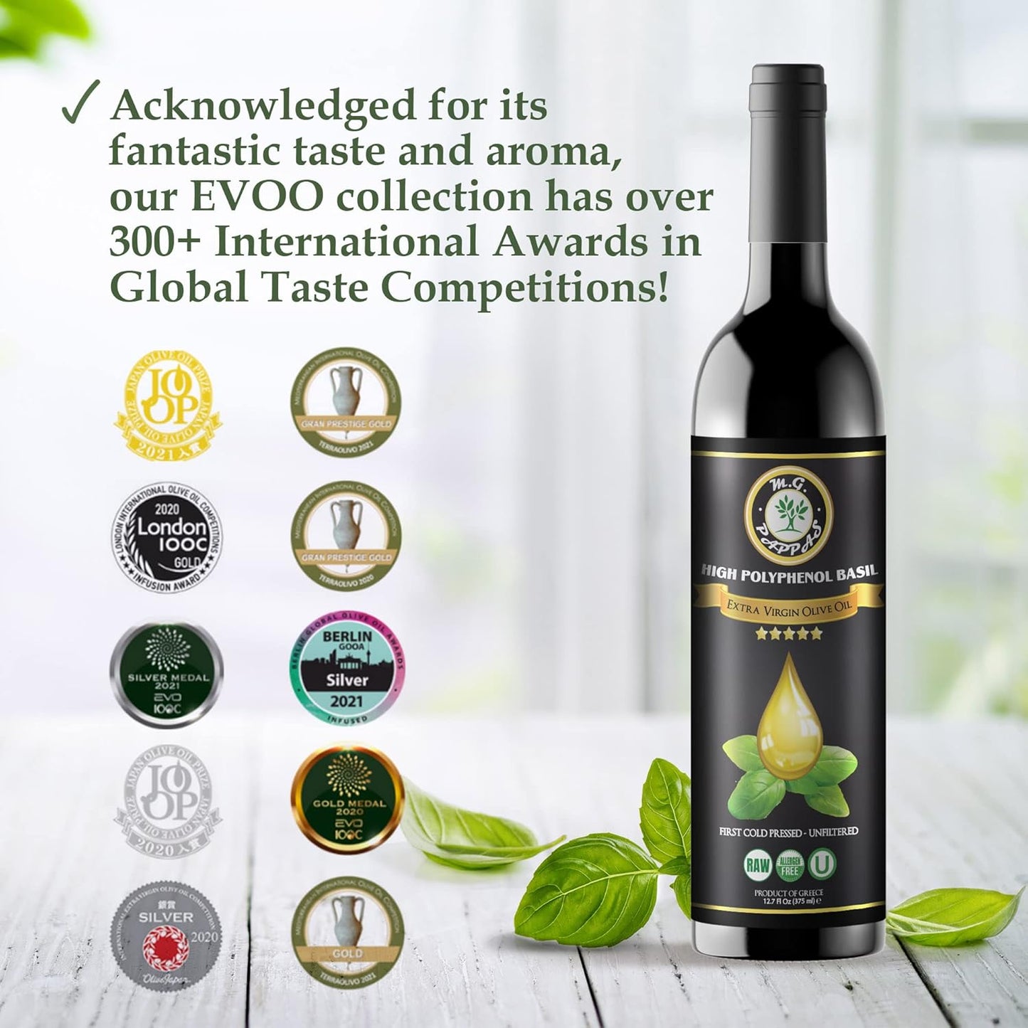 M.G. PAPPAS High Polyphenol Rich Basil Infused Olive Oil - Extra Virgin Olive Oil Polyphenol Lab Report 650mg/kg - Cold Pressed & Unfiltered - High Hydroxytyrosol Greek Olive Oil - Award Winning