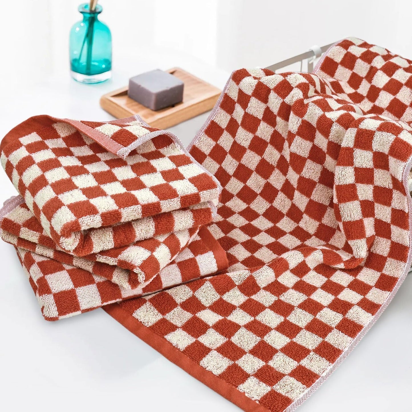 Jacquotha Checkered Hand Towels (13x29 Inches) - Kitchen Hand Towels Pack of 4, Absorbent Cotton Rags for Bathroom Face Gym Pool Swim