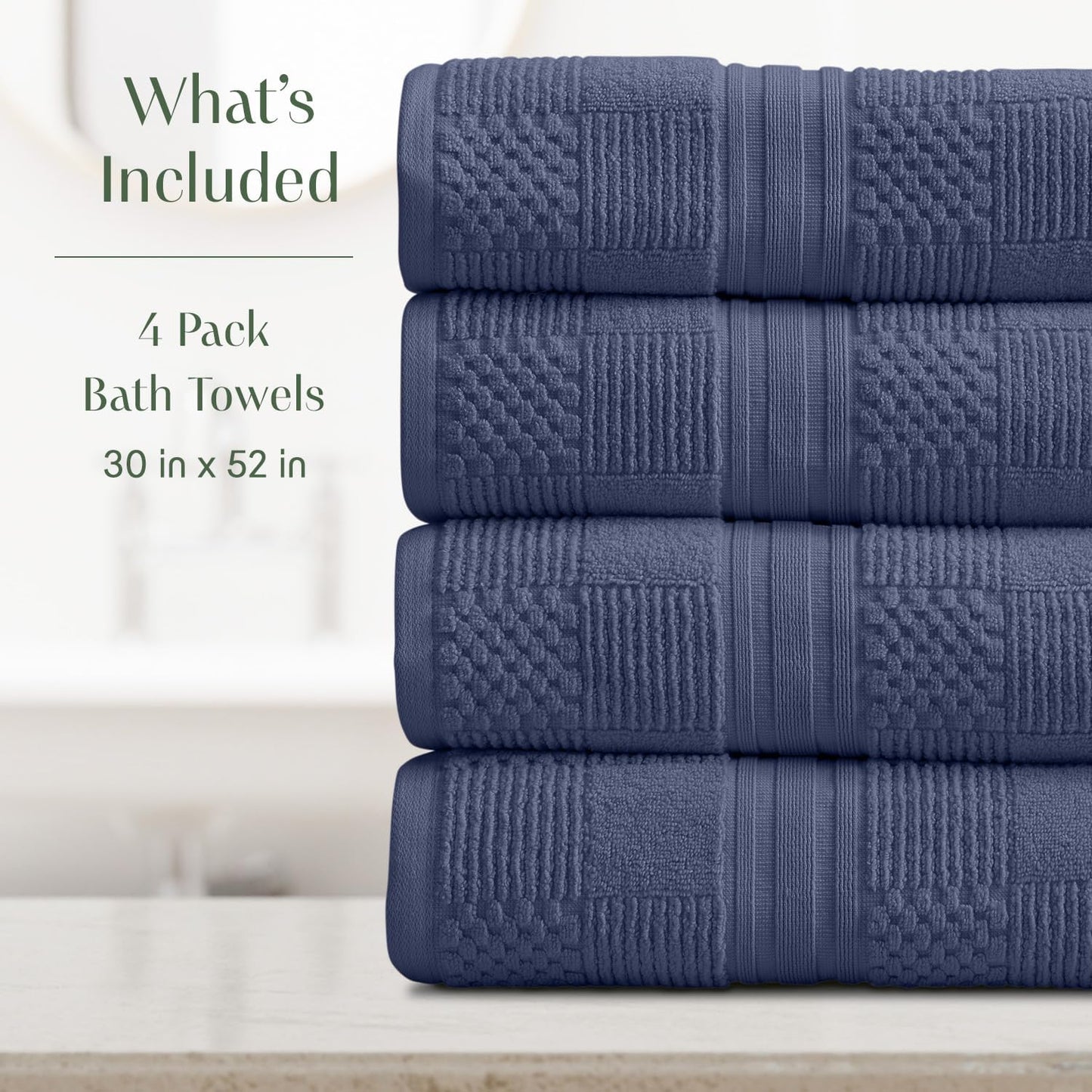 Springtree Home 100% Cotton Bath Towel Set of 4 | Blue Towels | Geometric Textured Design | Absorbent & Quick-Dry | 4 Bath Towels | Oeko-TEX® Standard 100 Cotton | Myla Collection - Indigo