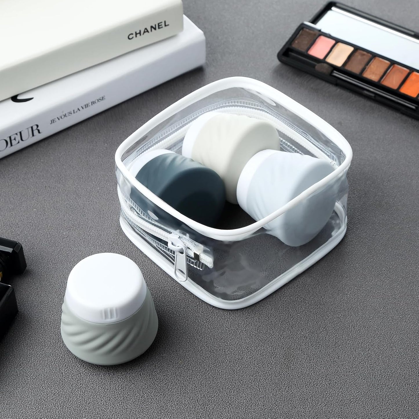 Gemice TSA Approved Travel Containers for Toiletries, 4 Pack Silicone Cream Jars with Convenient Toiletry Bag, Leak-proof Wide Mouth Travel-Size Toiletries Containers with Lid for Cosmetic Cream