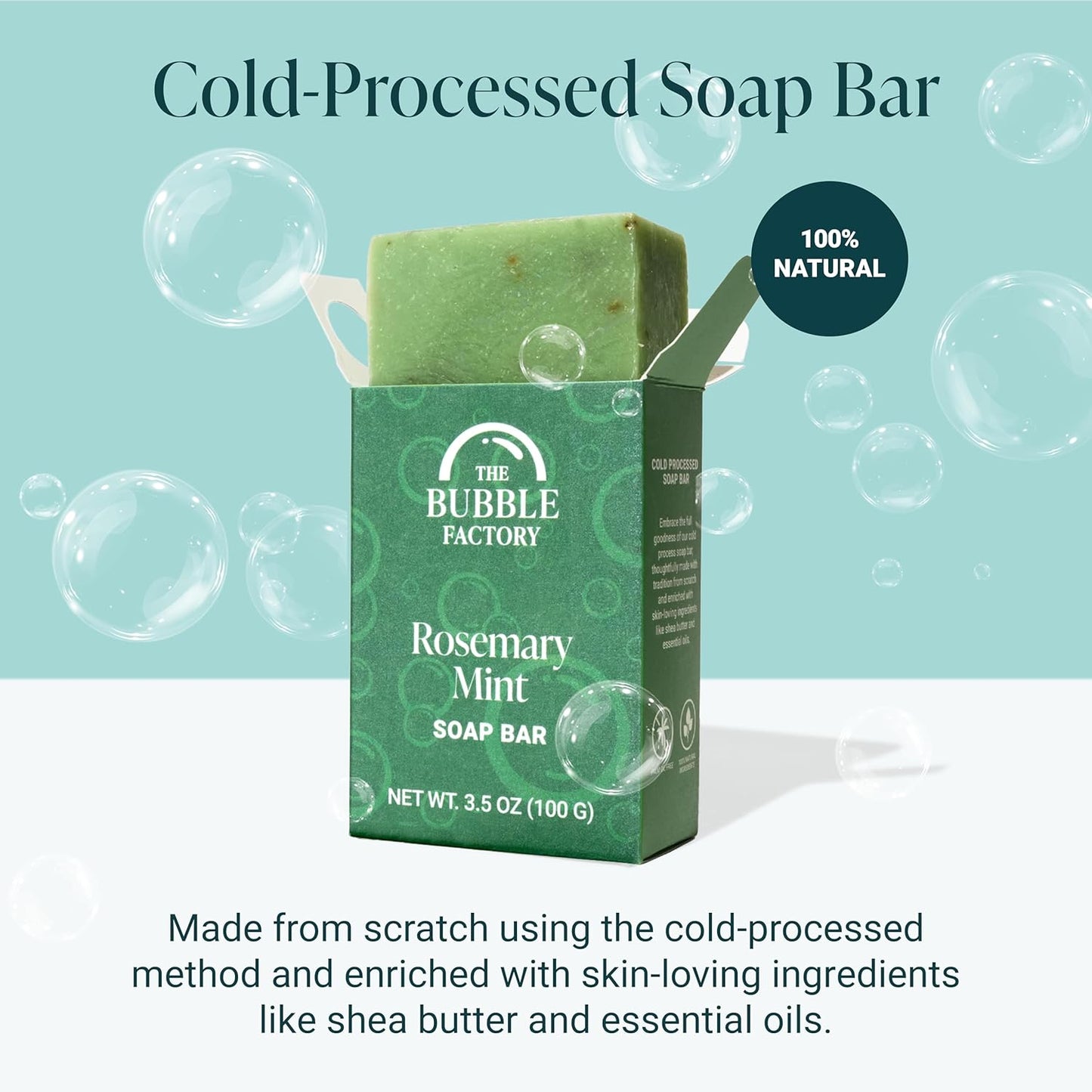 The Bubble Factory Handmade Natural Bath & Body Soap Bar, Vegan, All-Natural, Palm Oil Free, Made in USA with Shea Butter + Essential Oils, Rosemary Mint, 3 Bars