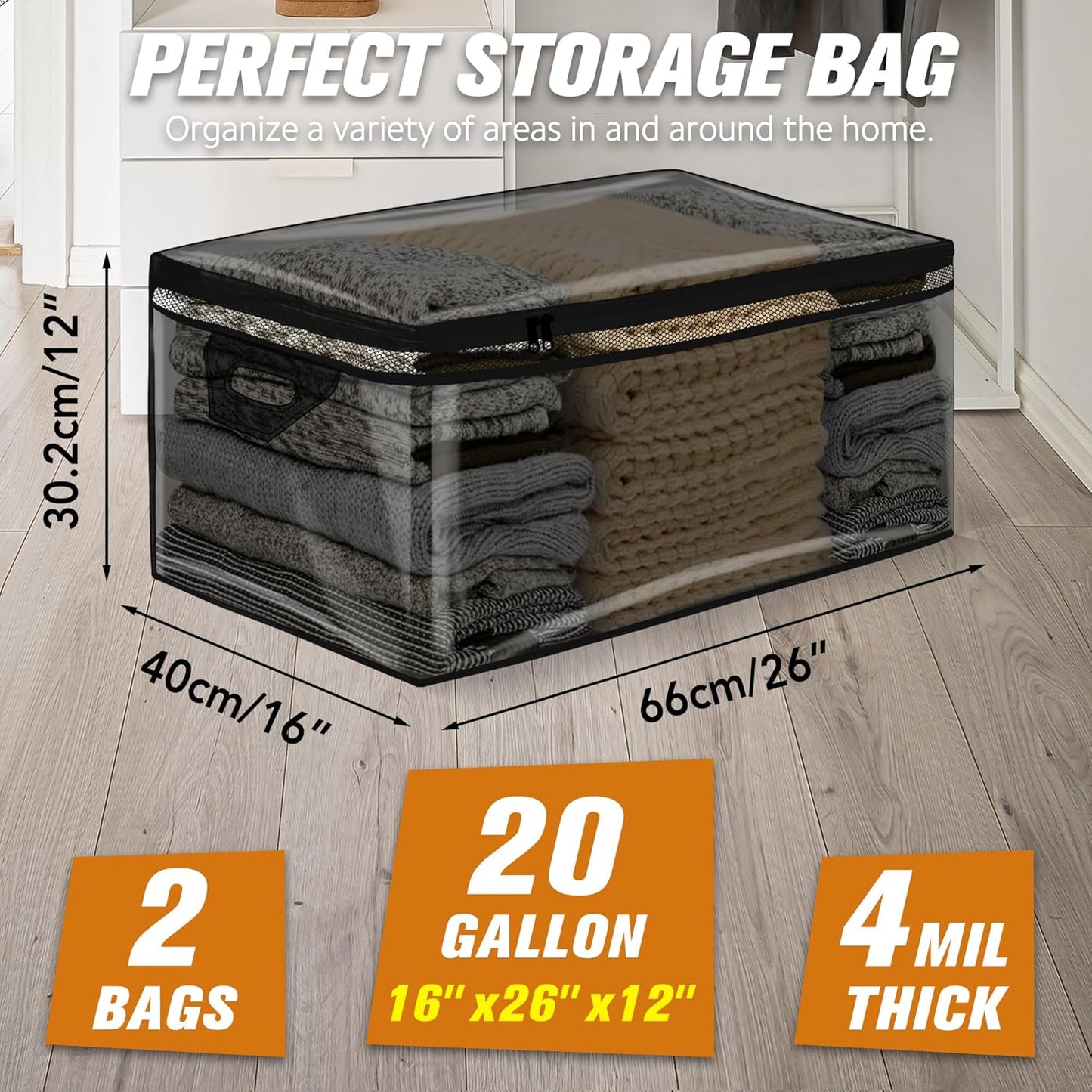 HIBAG 20 Gallon Large Storage Bag for Clothes, Zipper Clothing Storage Bag Organizer with Handles, for Comforters Blankets Pillows Bedding (Black, 2 Pack)