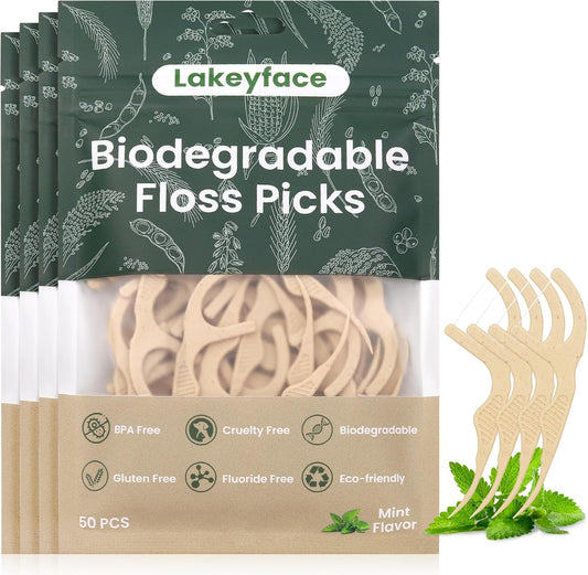 200 Count Biodegradable Dental Floss Picks, Eco Friendly Plant-Based Tooth Flossers for adults, Tear-Resistant Floss Sticks with Wide Handles, Vegan & BPA Free Dental Floss for Natural Oral Care, Mint