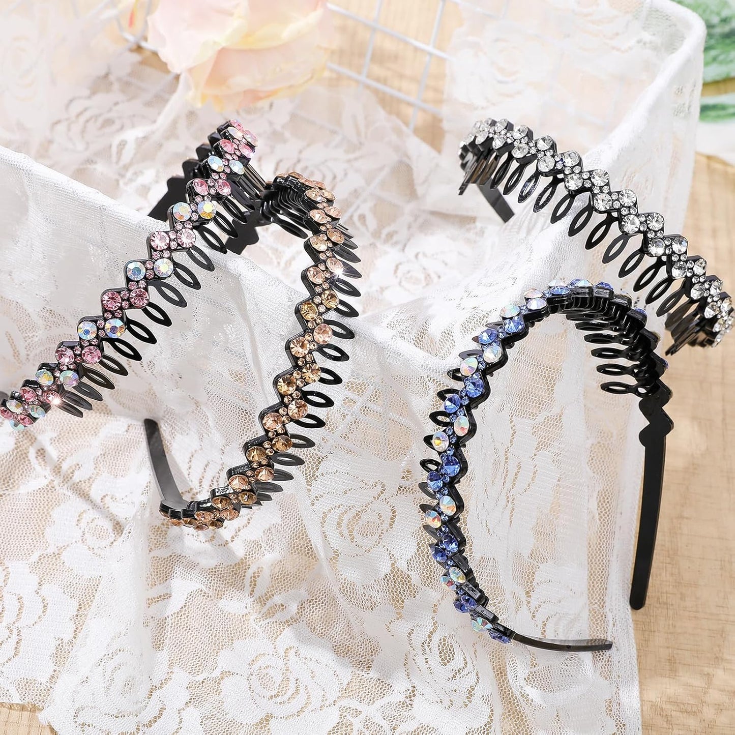 Rhinestone Headbands with Teeth Non Slip Tooth Comb Headband Sparkly Crystal Plastic Hairband High Elastic Hair Hoop Hair Accessories for Women Girls with 4PCS