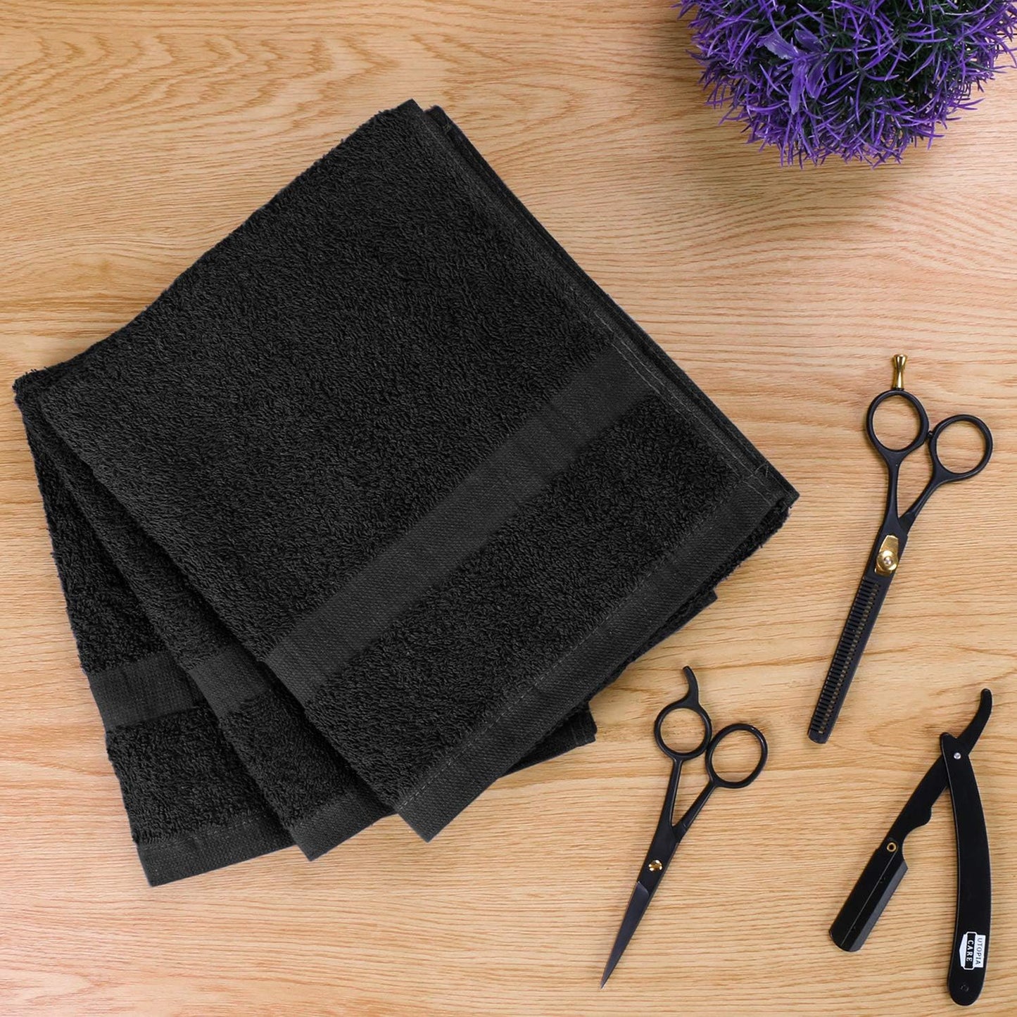 Utopia Towels, Salon Towel, Pack of 12, Not Bleach Proof, 16 by 27 Inches, Highly Absorbent Cotton Towels for Hand, Gym, Beauty, Spa, and Home Hair Care, Black