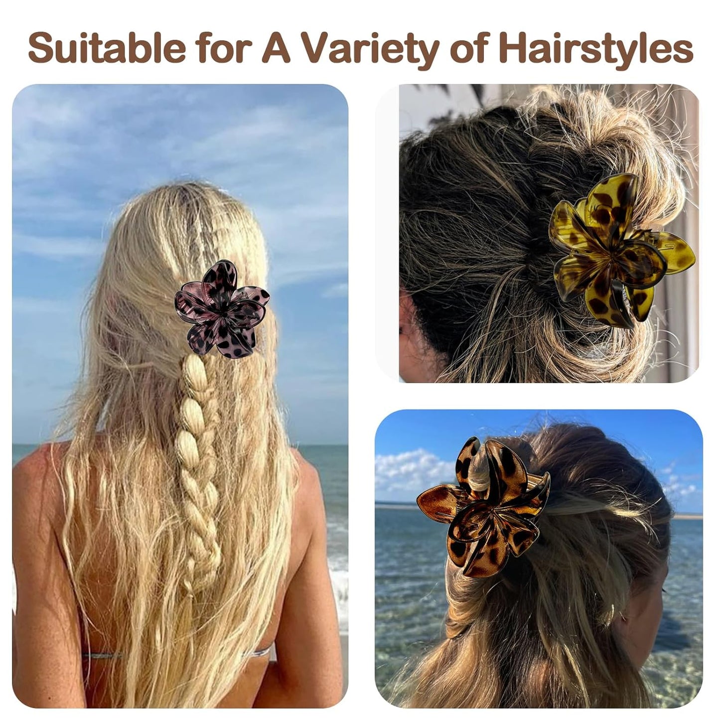 Flower Hair Claw Clips for Women, 6 Pack Hawaiian Flower Hair Clips, Large Leopard-prints Claw Clips for Thick Thin Hair, Summer Beach Hair Accessories for Women Girls (LP-6 Colors)