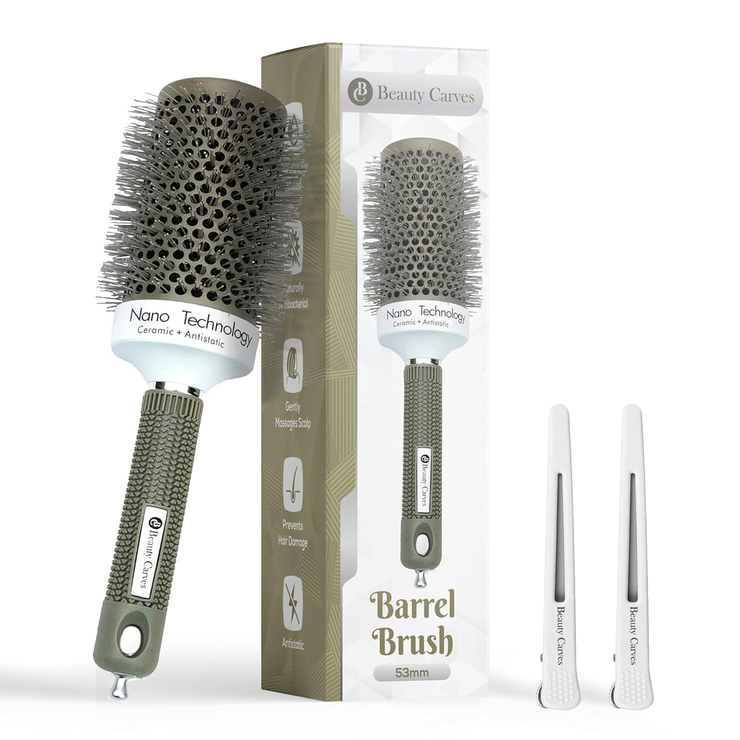 Round Brush,53 mm/2.1Inch Barrel with 2 Clips Round Brush for Blow out with Flexible Nylon 66 Bristles Nano Ionic Heat Resistant Tech for Professional Curling, Styling & Shining Texture