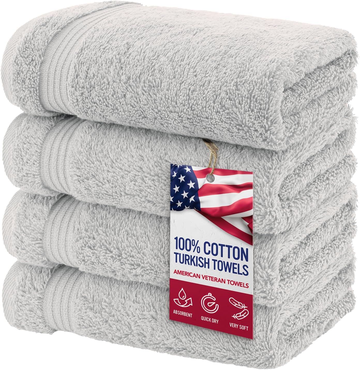 American Veteran Towel, Hand Towels for Bathroom Set of 4, 100% Cotton Turkish Hand Towel Sets, Soft Hand Face Towels, Silver Grey Hand Towels