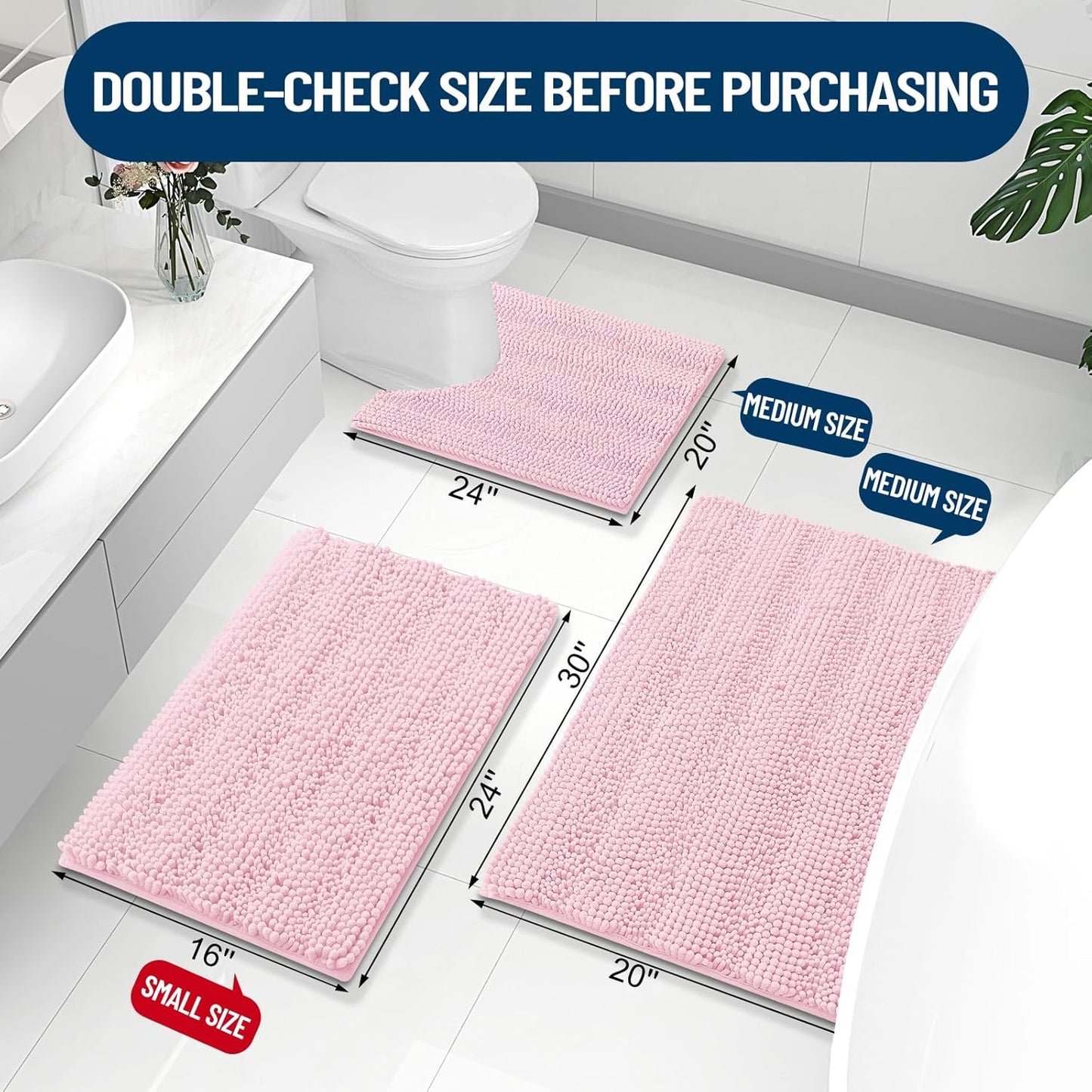 Grandaily Chenille Striped Bathroom Rugs 30x20, Extra Thick and Absorbent Bath Mats, Non-Slip Soft Plush Shaggy Shower Carpet, Machine Wash Dry, Bath Rug for Bathroom, (Medium, Pink)