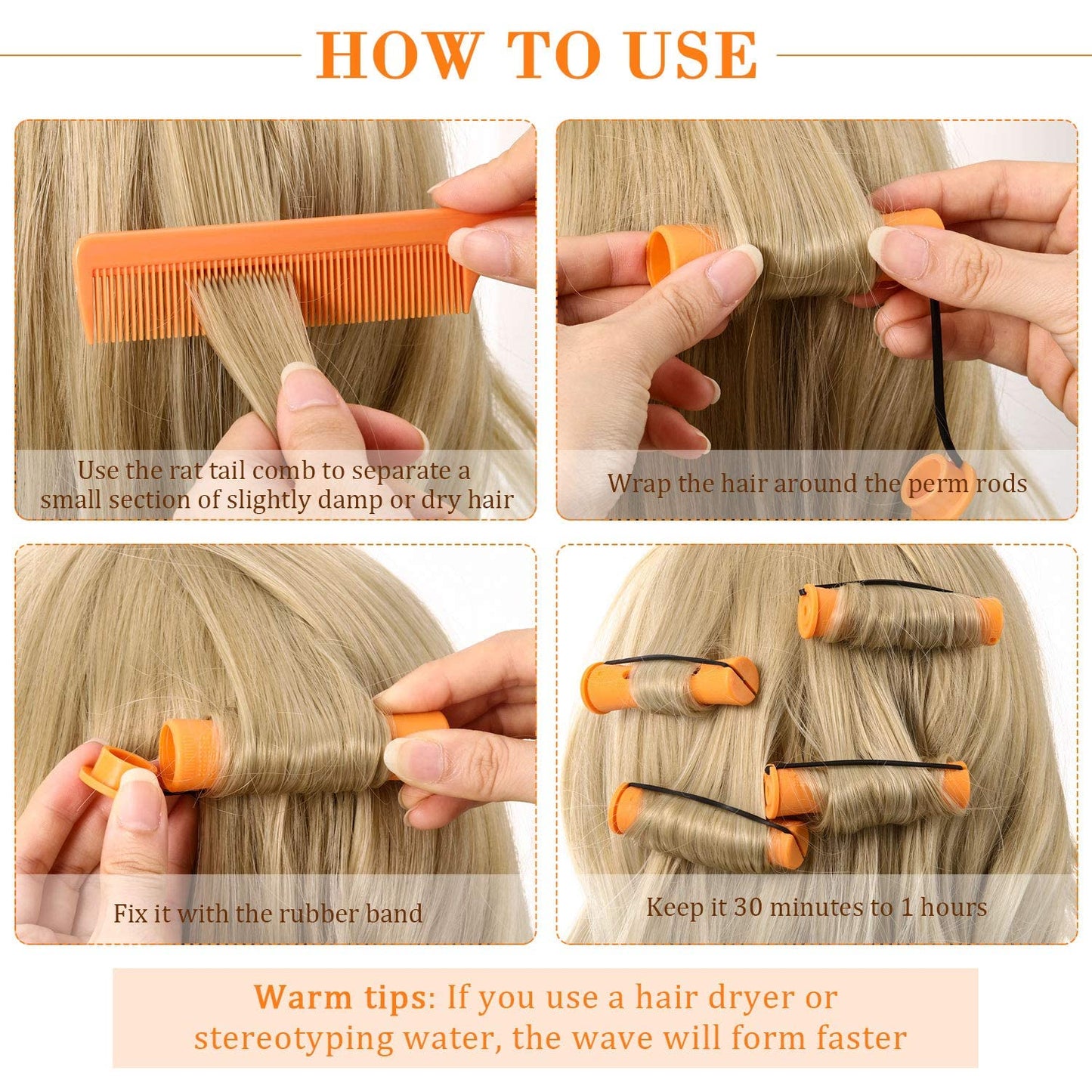 WILLBOND 36 Pieces Cold Wave Rod Hair Perm Rods Hair Rollers Perming Curlers with Steel Rat Tail Comb for Hairdressing Styling