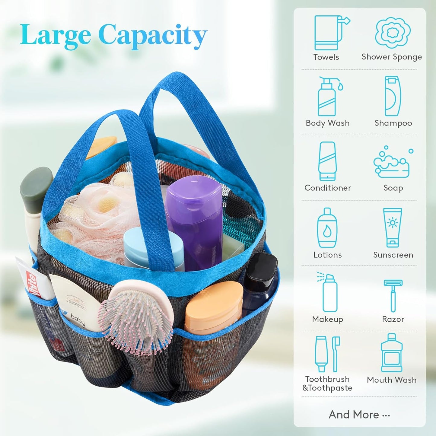 Lifewit Mesh Shower Caddy Freestanding Portable Shower Tote Bag for College Dorm, Bathroom, Gym, Travel, Quick Dry Hanging Shower Organizer with 7 Storage Pockets for Toiletry Essentials, Blue