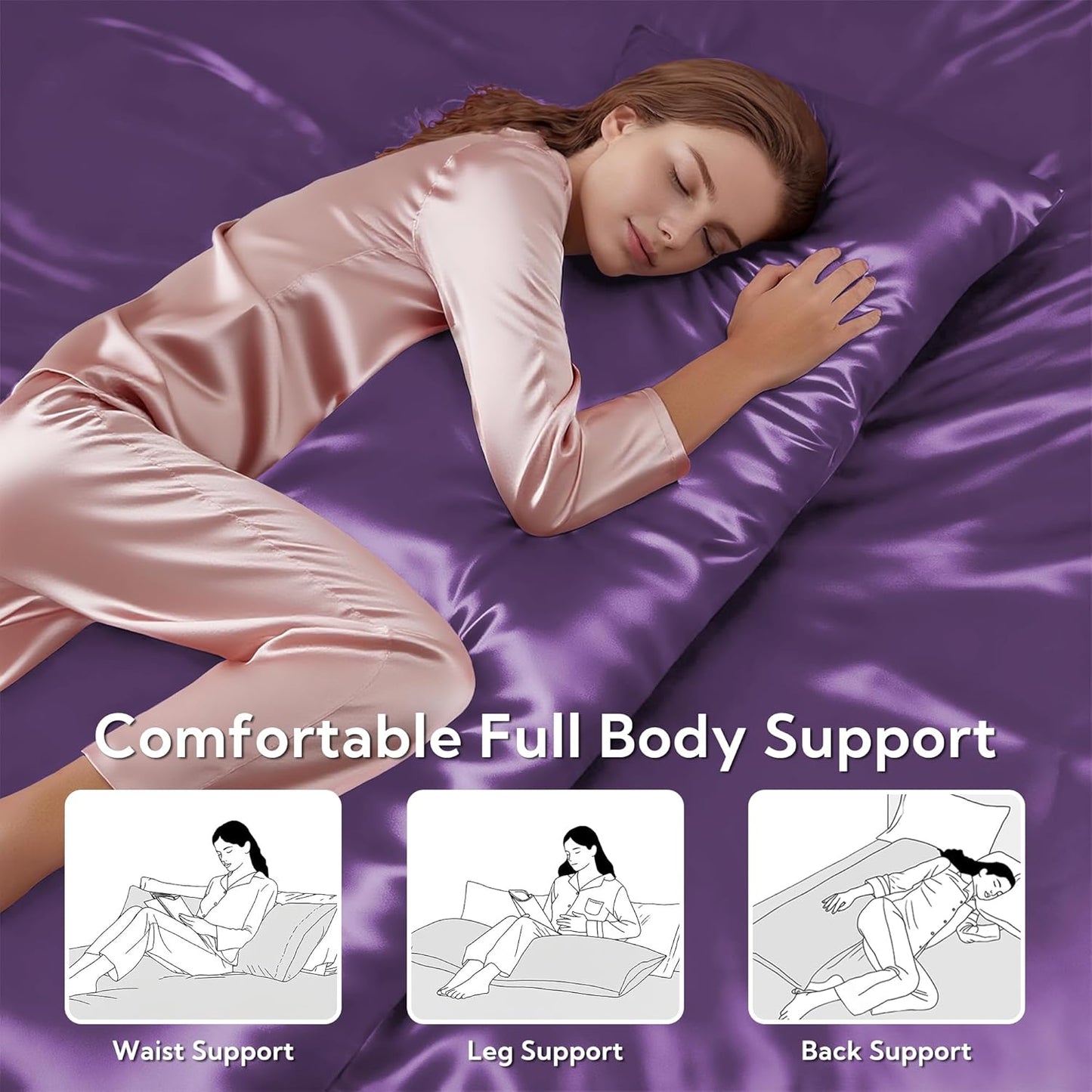 MR&HM Satin Body Pillow Cover, Soft and Breathable Body Pillow Case with Envelope Closure, Cooling and Silky Long Pillowcase for Hair and Skin,Grey (20x54, Lavender)