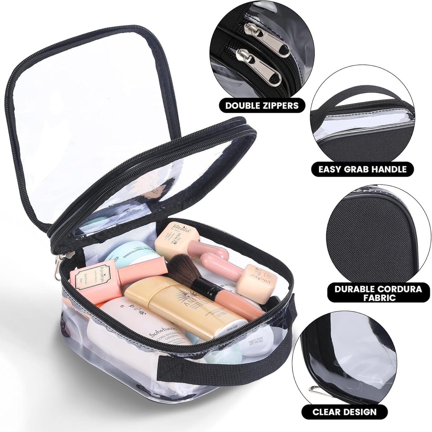 Clear pouches for travel toiletries vinyl TSA airport approved proof makeup bag reusable organizer (black)